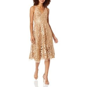 Dress The Population Blair Plunging Fit & Flare Sequin Midi Dress, Gold/Nude, XL